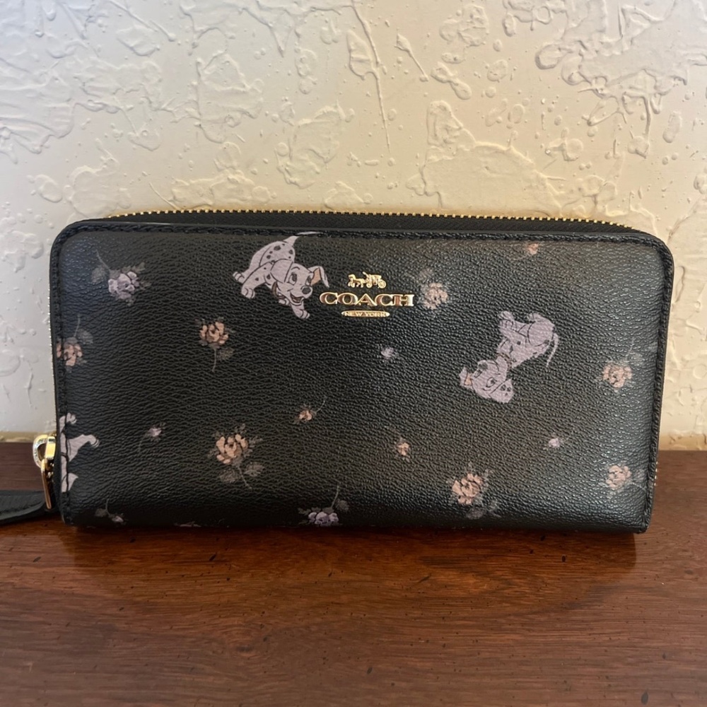 Coach Black Floral Zip Wallet with Light Pink Accents